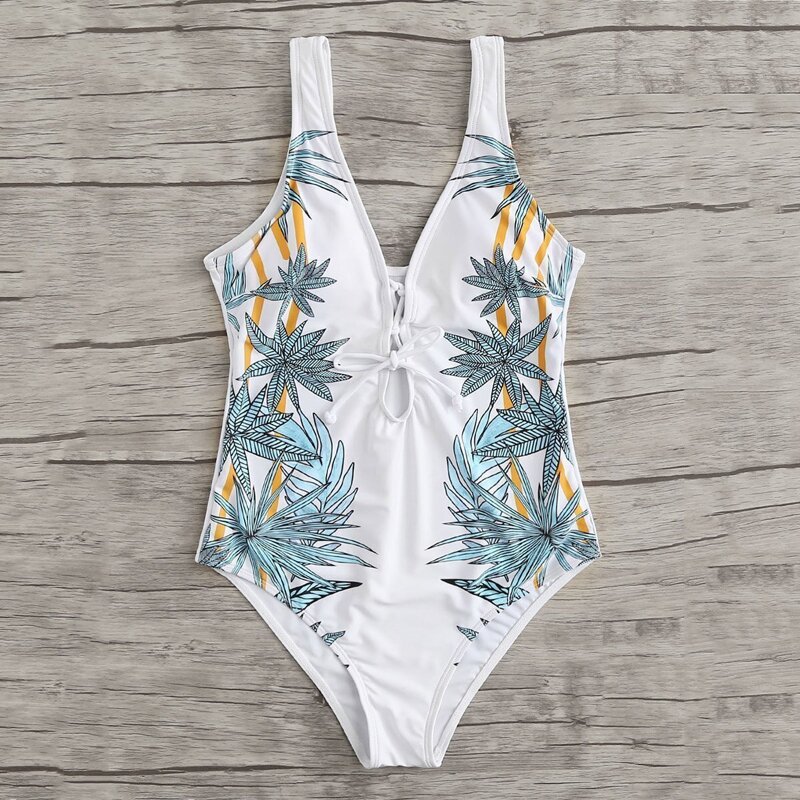 

Leaf Print Lace Up Swimsuit, Multicolor
