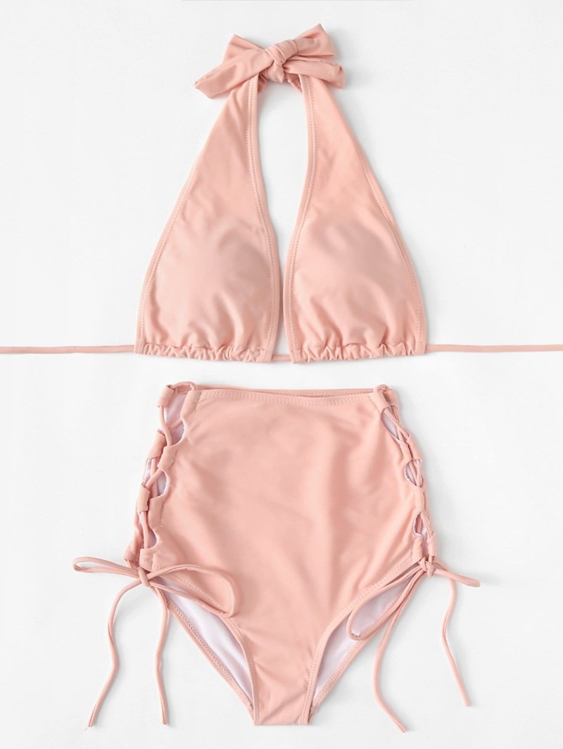 

Lace Up Halter Bikini Set, Pink