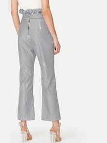 荷葉邊腰綁帶條紋寬褲 - 灰色 - 查看 3