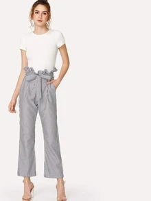 荷葉邊腰綁帶條紋寬褲 - 灰色 - 查看 4