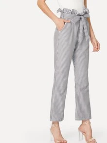 荷葉邊腰綁帶條紋寬褲 - 灰色 - 查看 1