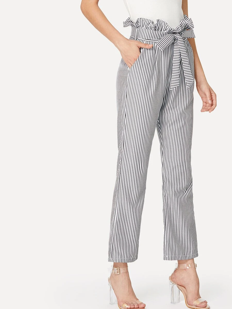 荷葉邊腰綁帶條紋寬褲 - 灰色 - 查看 1