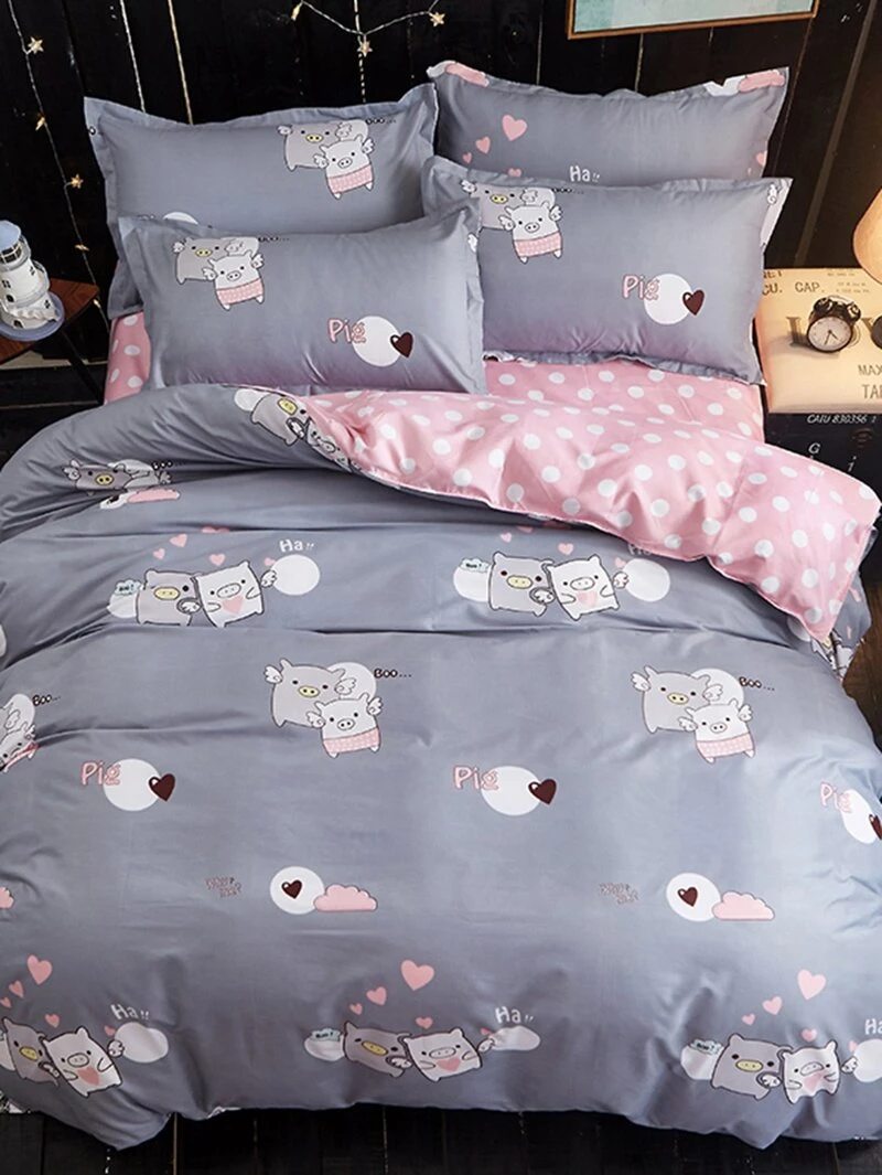 Pig Print Duvet Cover Sheet Sham Set Romwe