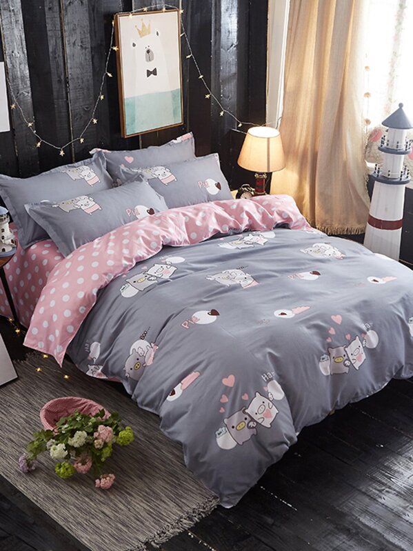 Pig Print Duvet Cover Sheet Sham Set Shein