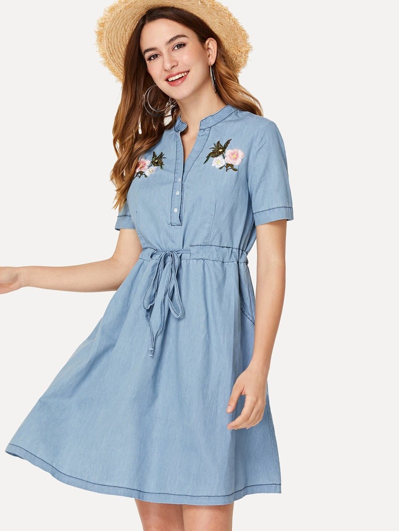 

Floral Embroidered Tie Waist Denim Dress, Blue, Jana