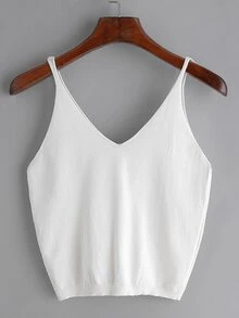White V Neck Knitted Cami Top - White - View 2
