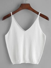 White V Neck Knitted Cami Top - White - View 1