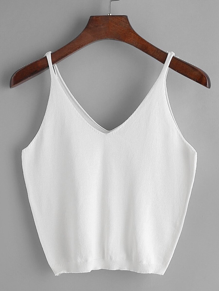 White V Neck Knitted Cami Top - White - View 1