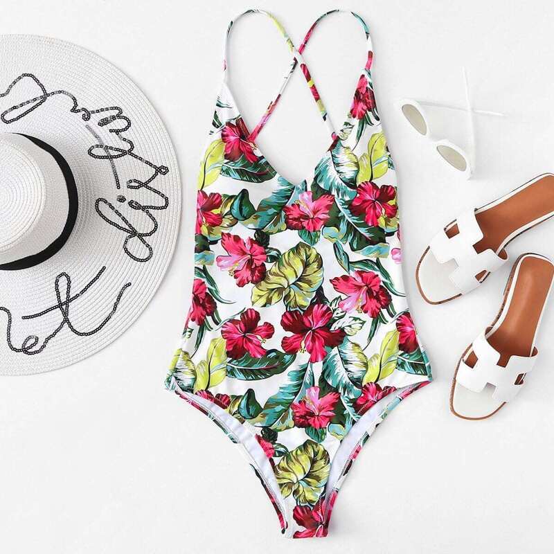 

Tropical Print Criss Cross Back One Piece Swimsuit, Multicolor