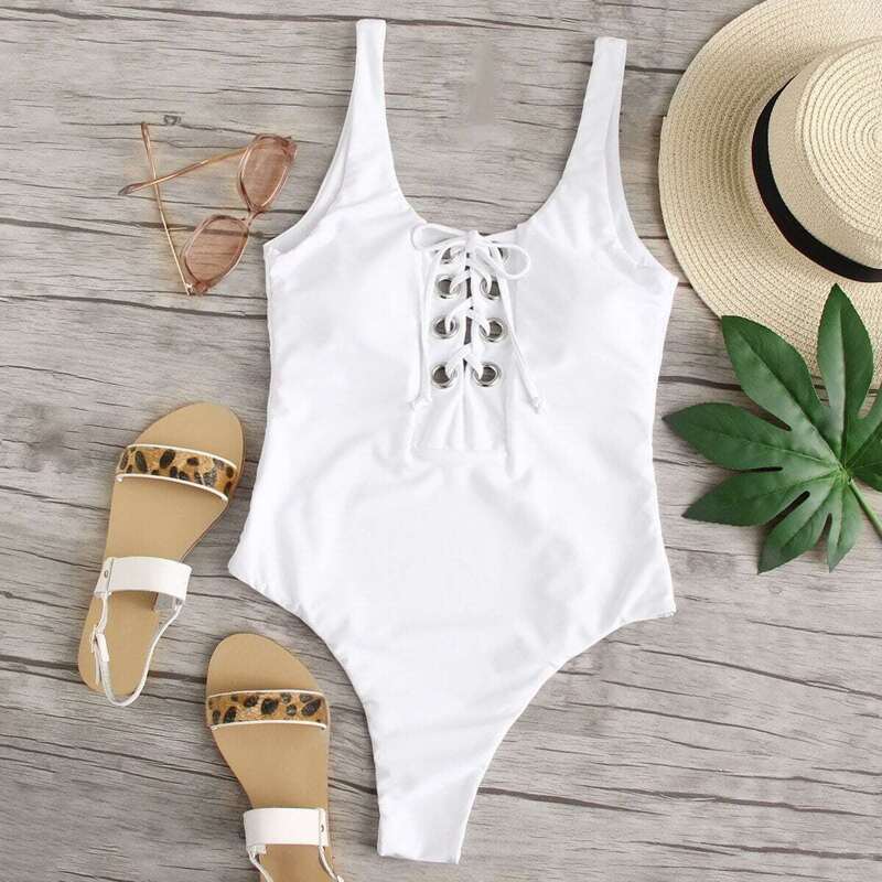 

Eyelet Lace Up Front One Piece Swimsuit, White