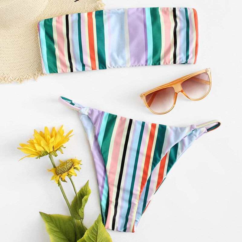 

Striped Bandeau With Tanga Bikini Set, Multicolor