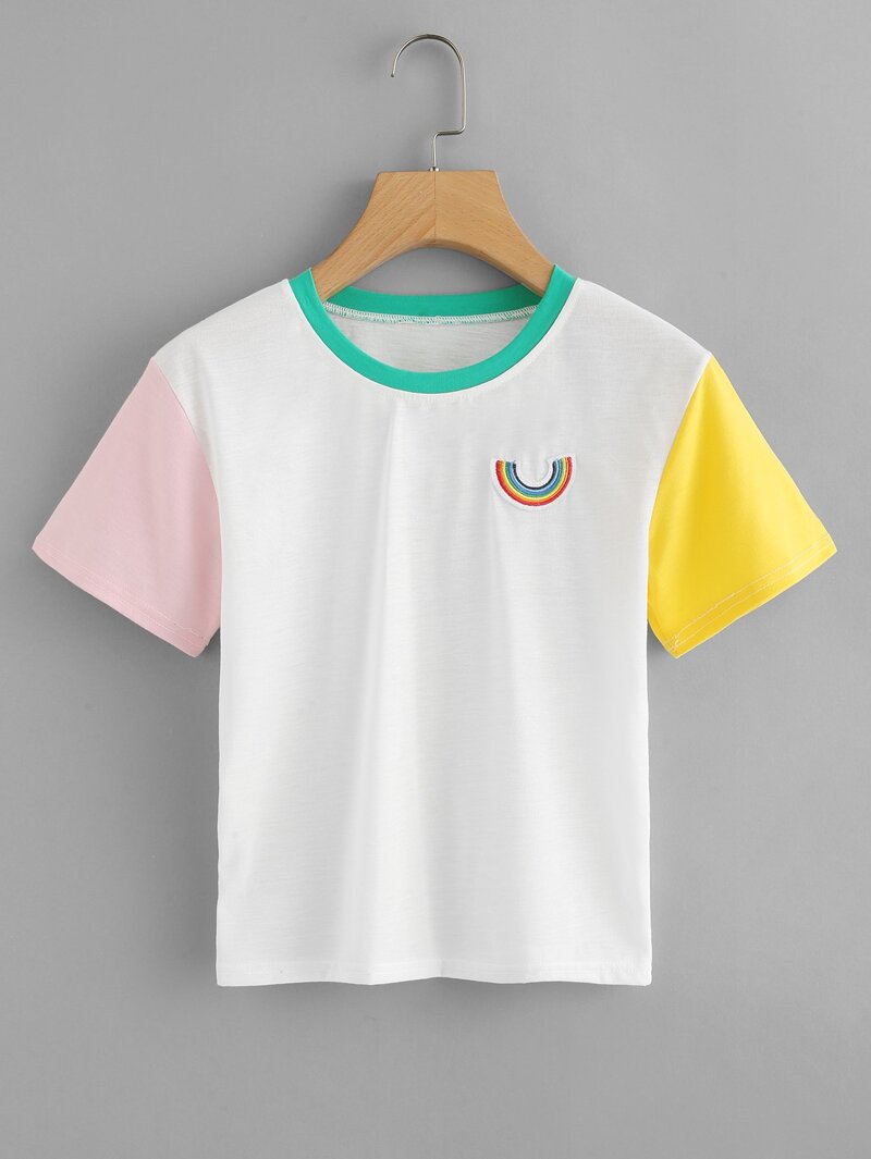 

Contrast Trim Embroidered Patch Tee, White