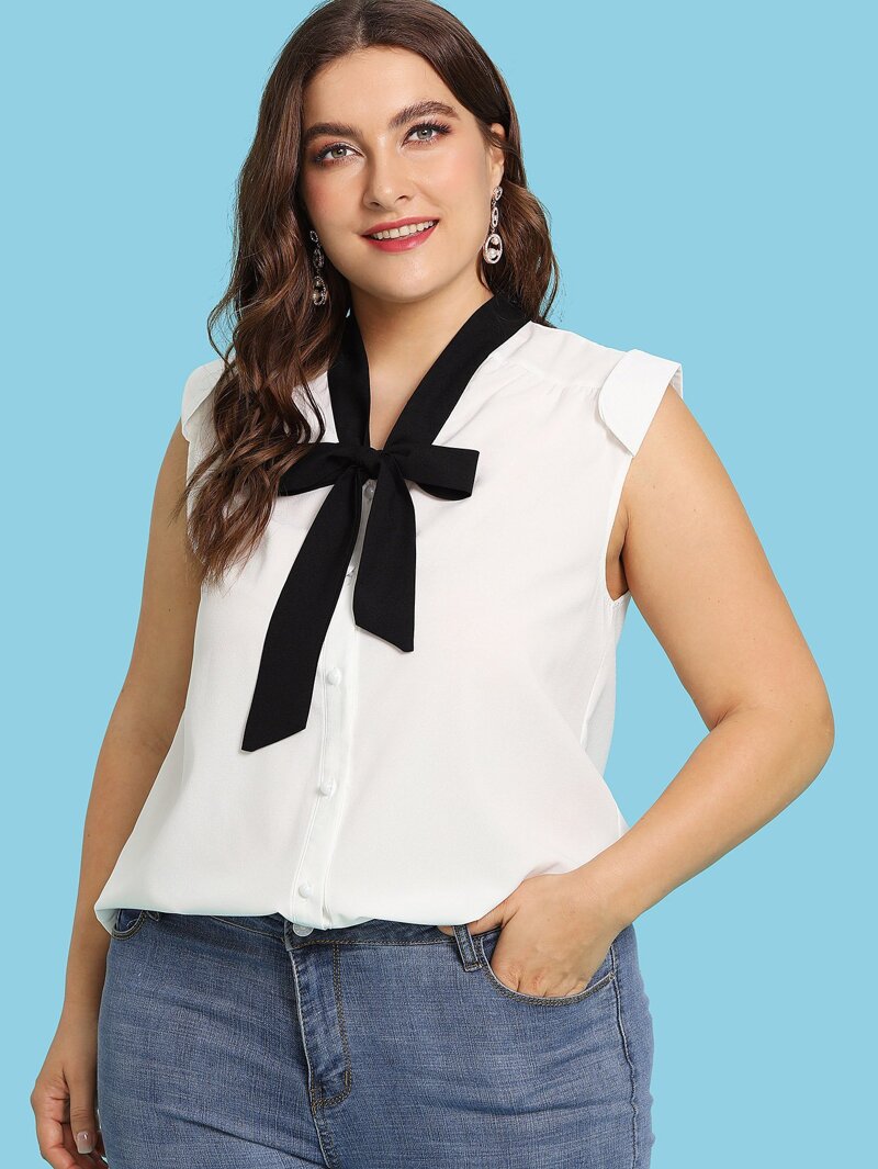 

Plus Tie Neck Sleeveless Blouse, White, Franziska