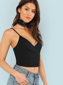 SHEIN Ribbed Surplice Cropped Cami Top - Black - View 3