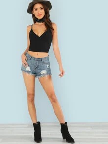 SHEIN Ribbed Surplice Cropped Cami Top - Black - View 5