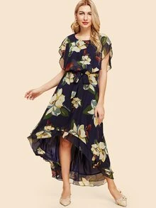 Floral Print Dip Hem Dress - Multicolor - View 1