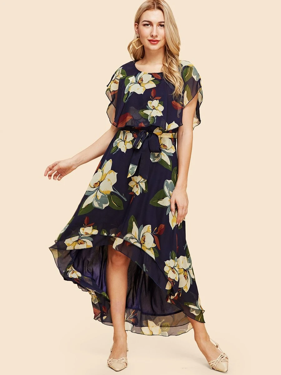 Floral Print Dip Hem Dress - Multicolor - View 1