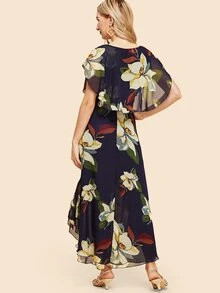 Floral Print Dip Hem Dress - Multicolor - View 4