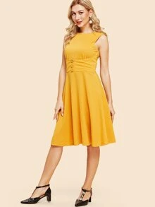 váy đầm cổ điển đồng bằng Nút Màu vàng - Màu Mù tạt vàng - Xem 2