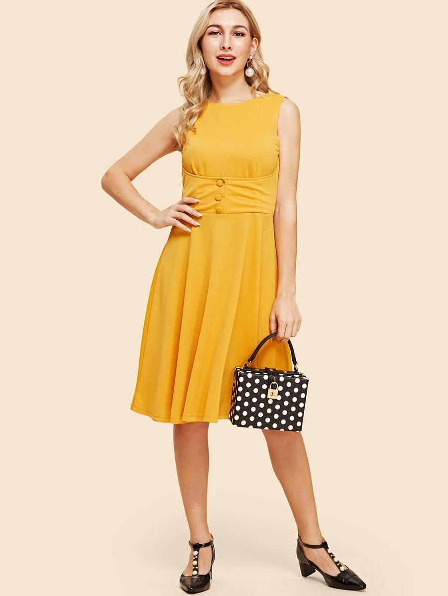 váy đầm cổ điển đồng bằng Nút Màu vàng - Màu Mù tạt vàng - Xem 1