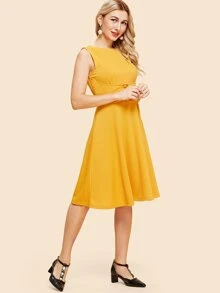 váy đầm cổ điển đồng bằng Nút Màu vàng - Màu Mù tạt vàng - Xem 3