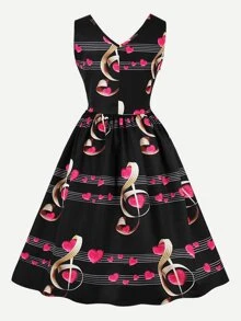 音樂筆記印花v領口連衣裙 - 彩色 - 查看 2