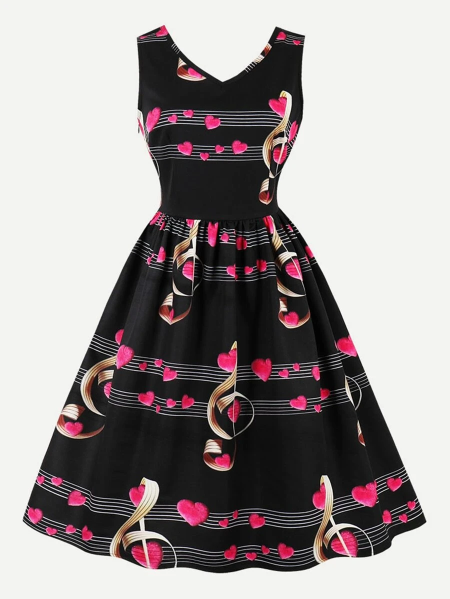 音樂筆記印花v領口連衣裙 - 彩色 - 查看 1