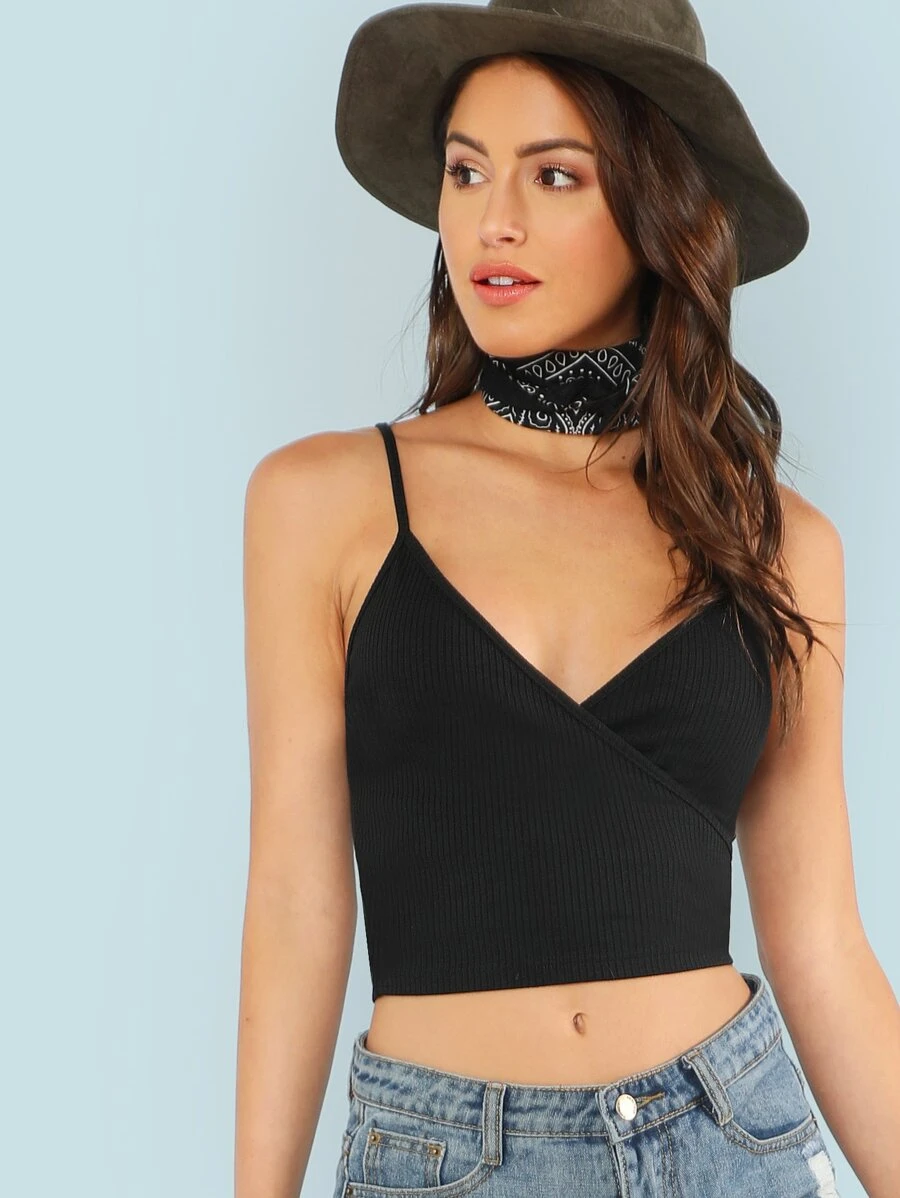 SHEIN Ribbed Surplice Cropped Cami Top - Black - View 1