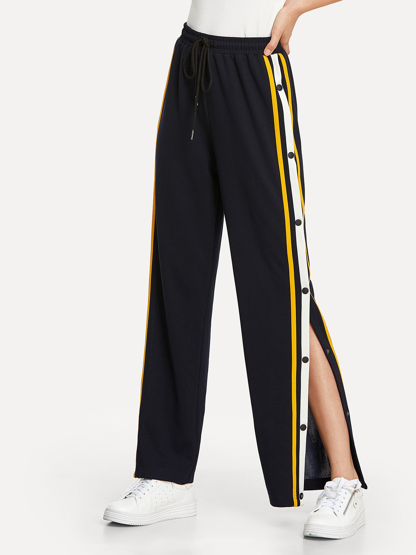 snap button striped side pants