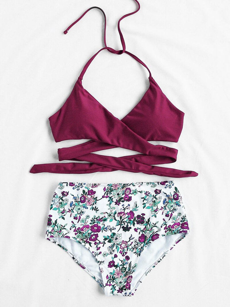 

Plus Floral Print Halter Bikini Set, Multicolor