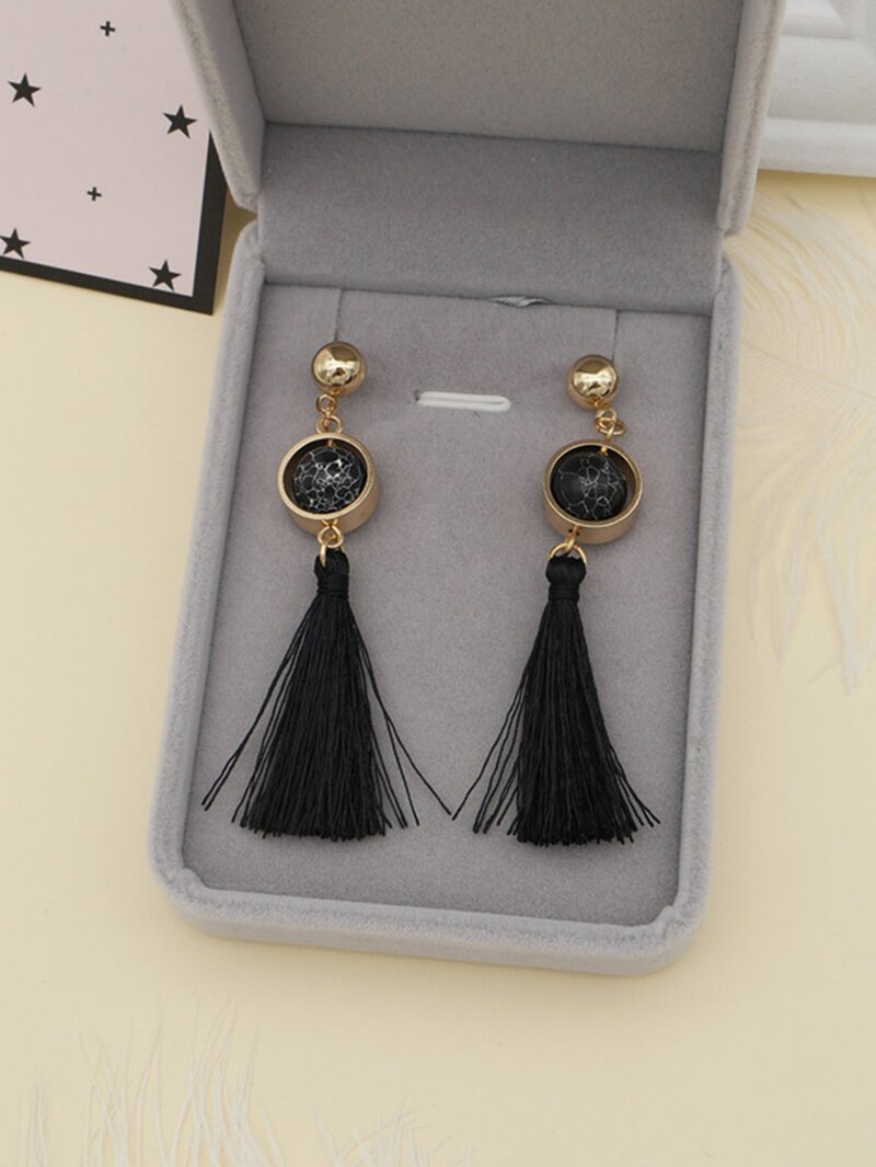 

Ball Detail Tassel Drop Earrings, Black