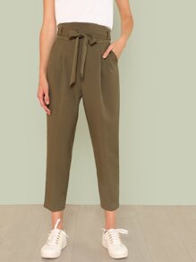 Belted High Waist Pleated Tapered Pants