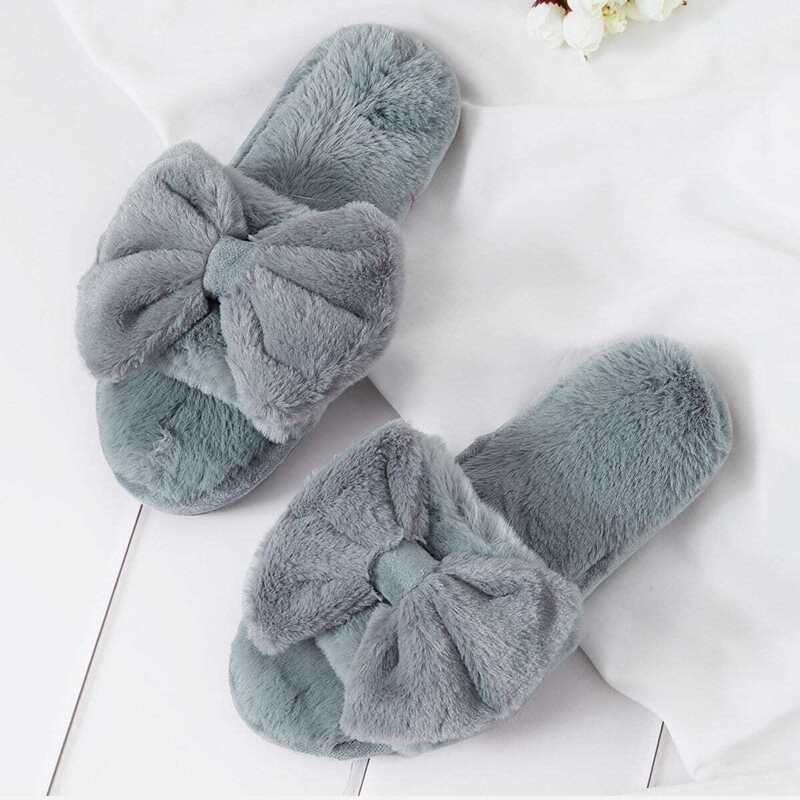 

Bow Detail Faux Fur Slippers, Grey