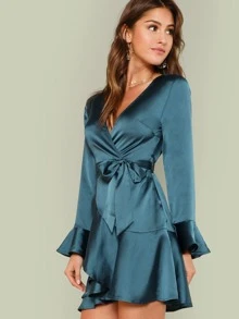 SHEIN Split Back Tiered Ruffle Wrap Belted Dress - Teal Blue - View 3