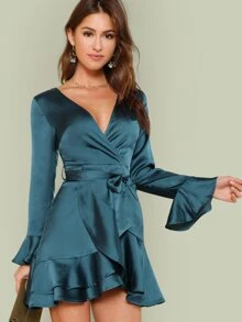 SHEIN Split Back Tiered Ruffle Wrap Belted Dress - Teal Blue - View 1