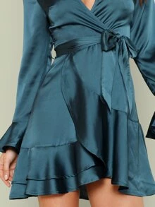 SHEIN Split Back Tiered Ruffle Wrap Belted Dress - Teal Blue - View 4