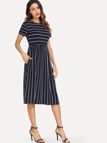 Mulvari Mixed Stripe Midi Smock Dress - Navy Blue - View 3