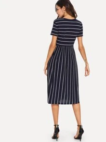 Mulvari Mixed Stripe Midi Smock Dress - Navy Blue - View 2