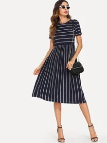 Mulvari Mixed Stripe Midi Smock Dress - Navy Blue - View 1
