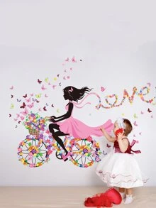 1pc Floral Girl Wall Decal, Modern Bicycle & Figure Graphic Paper Wall Sticker For Home Decoration - Multicolor - View 2