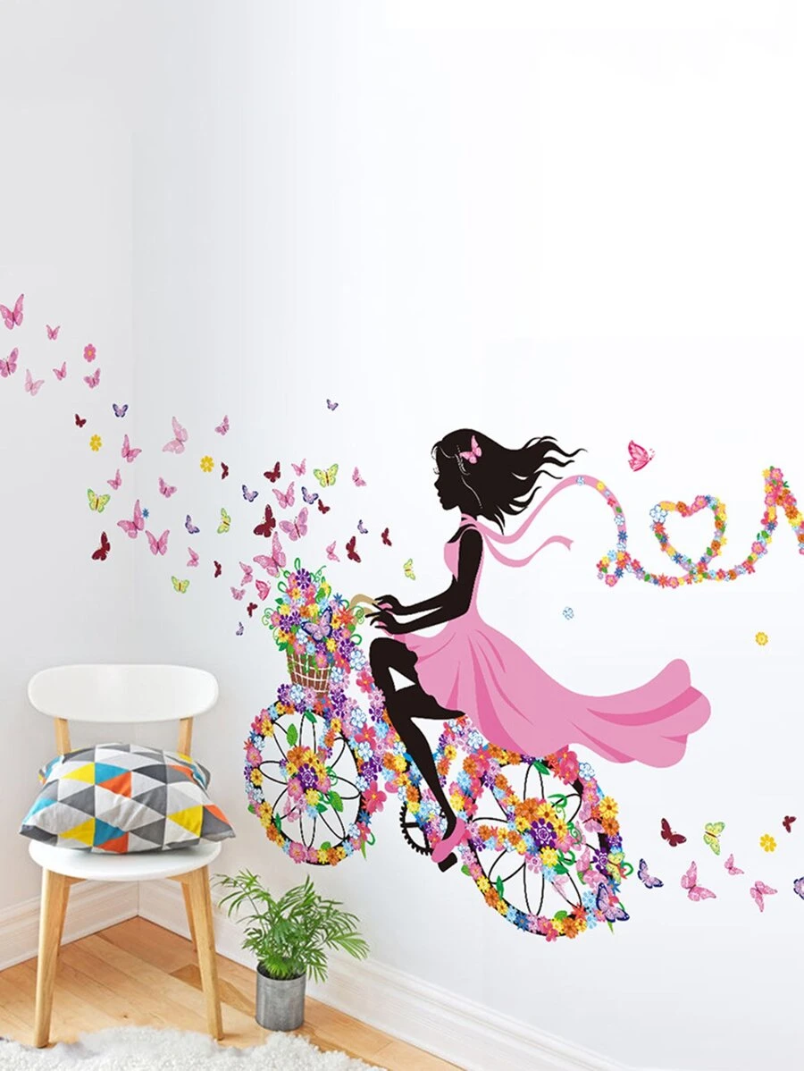 1pc Floral Girl Wall Decal, Modern Bicycle & Figure Graphic Paper Wall Sticker For Home Decoration - Multicolor - View 1