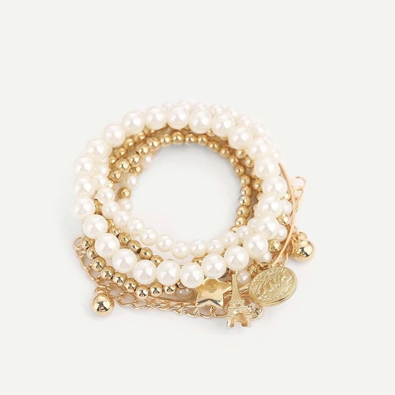 

Faux Pearl Beaded Bracelet Set 6pcs, Gold