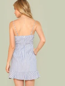 SHEIN Vestido de tirante ribete fruncido de rayas verticales - Azul y blanco - Ver 3