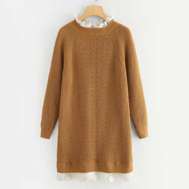 

Floral Lace Insert Eyelet Sweater Dress, Brown