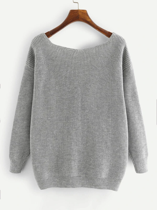 Jersey de punto con lazo y cuello de pico | Mode de Mujer Jersey de punto lazo manga larga gris | Mode de Mujer
