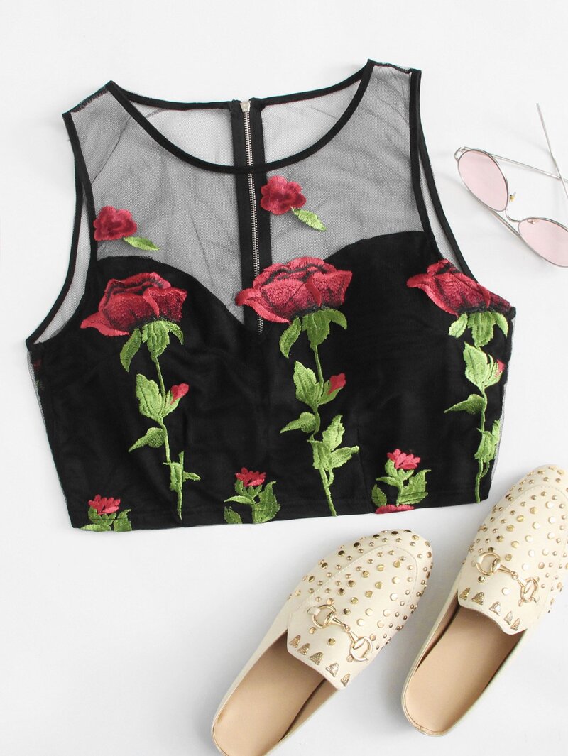 

Rose Embroidered Mesh Patchwork Top, Black