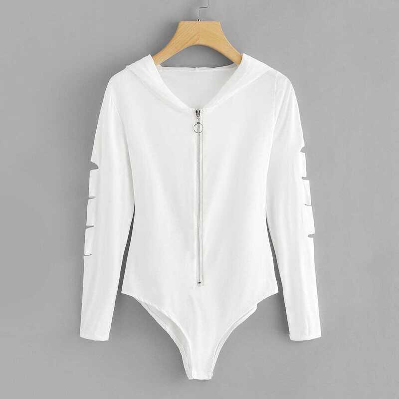 Cut Out Sleeve Zipper Front Hoodie Bodysuit, White