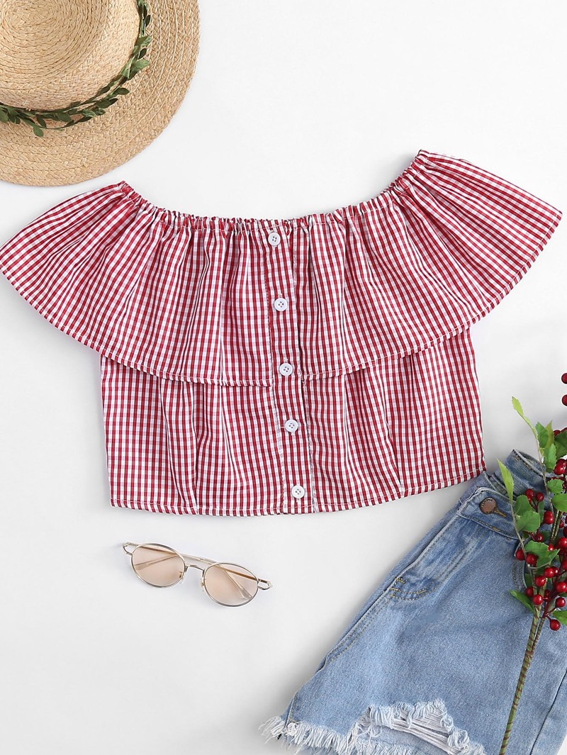 

Button Front Plaid Ruffle Blouse, Red