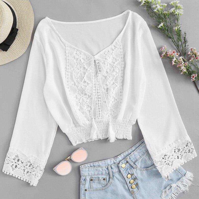 

Lace Panel Tassel Tie Shirred Top, White