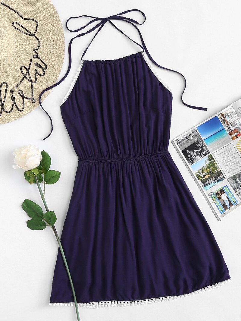 

Crochet Trim Halter Dress, Navy